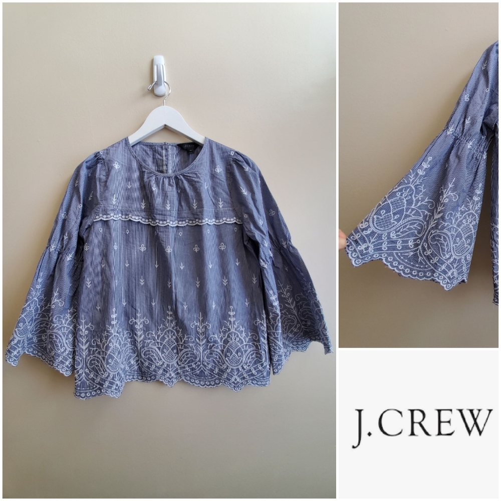 J Crew Cotton woven top with embroidery  with bell sleeve, XS